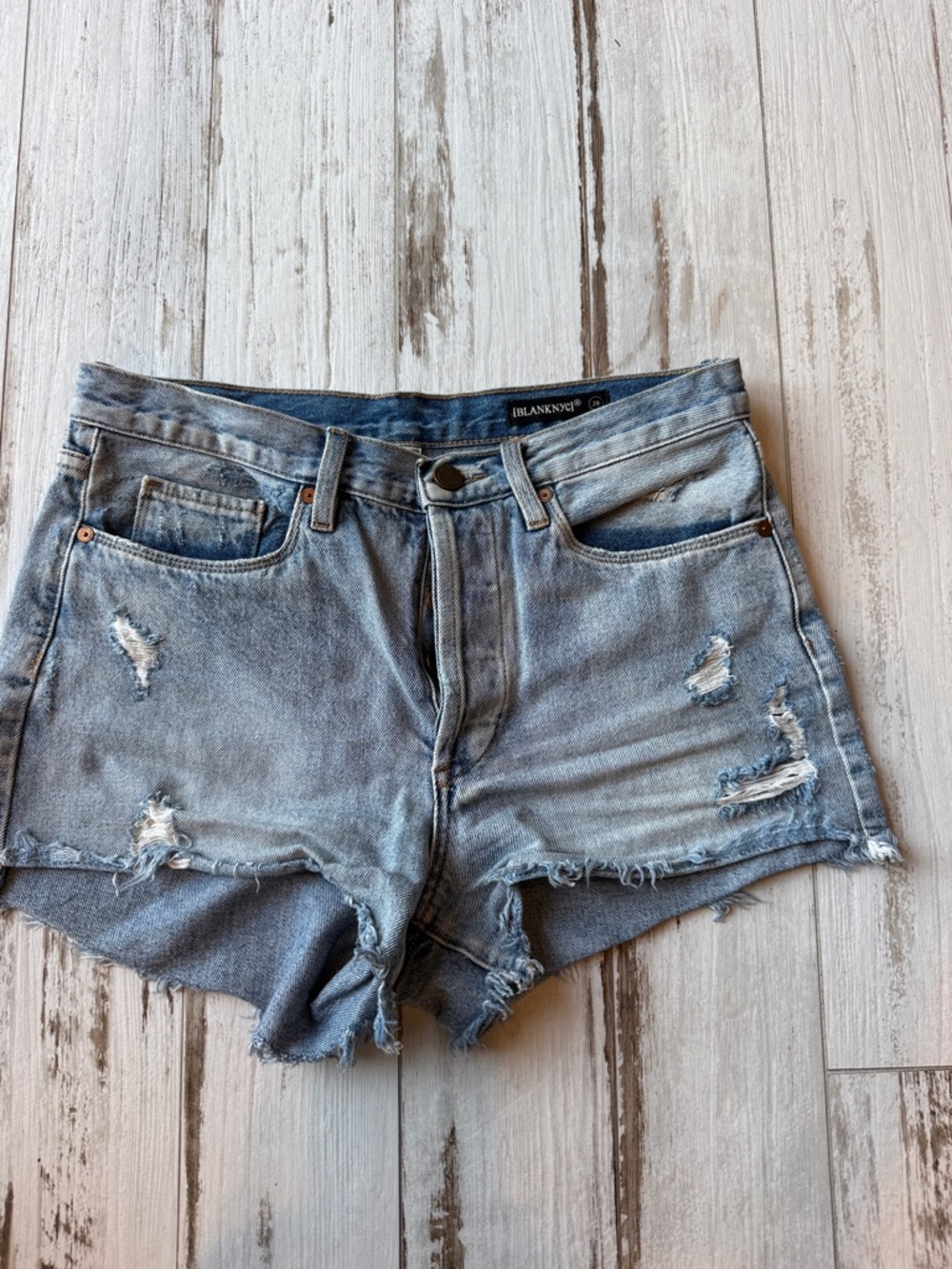 Blank NYC Washed Light Blue Distressed Denim Shorts